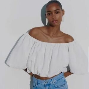 New ZARA White Linen Blend Bohemian Short Balloon Sleeve Lined Top Size M